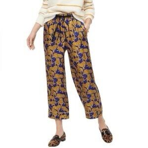 J. Crew Blue and Gold sleepy lion Patterned Cropped twill silk Pants